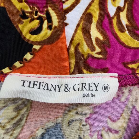 Tiffany & Grey Petite Womens Top Medium 3/4 Sleeve Multicolor Built In Scarf Tie - Picture 6 of 7